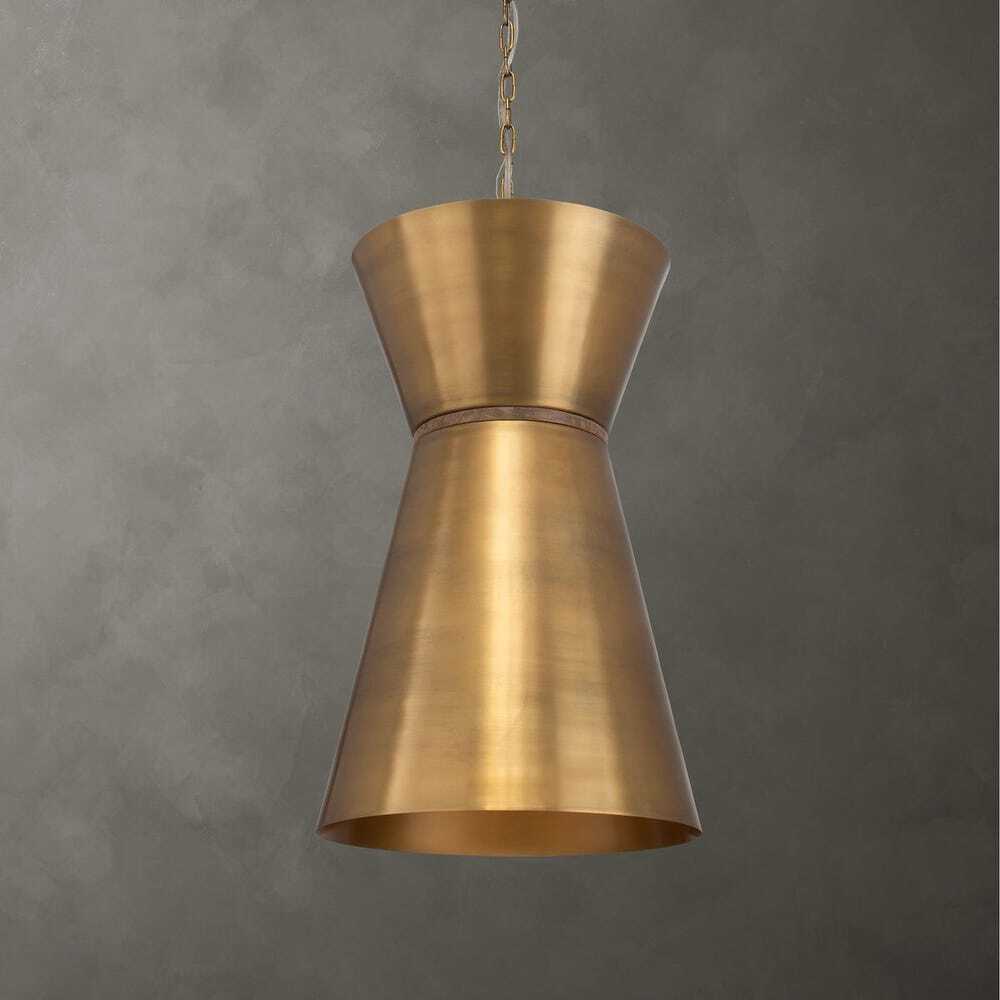 Two Antique Brass offset cones with a natural wood accent disk make up this eclectic pendant