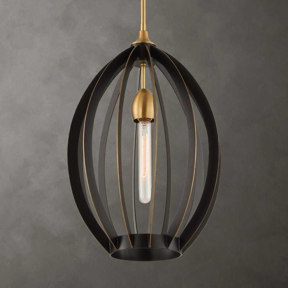 Oval drop 1 Light pendant of linear bands in dark bronze finish with warm brass accents.