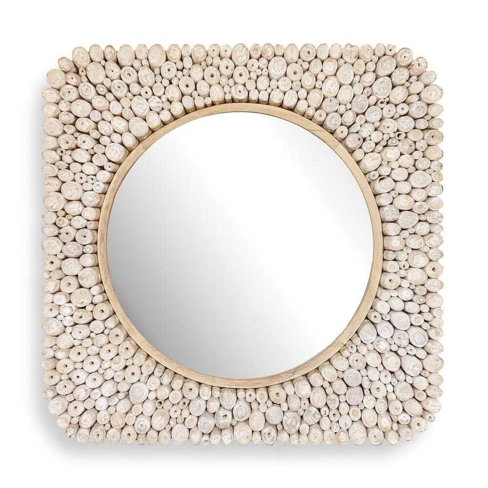 Square wall mirror with a round center, framed by clustered natural wood pieces
