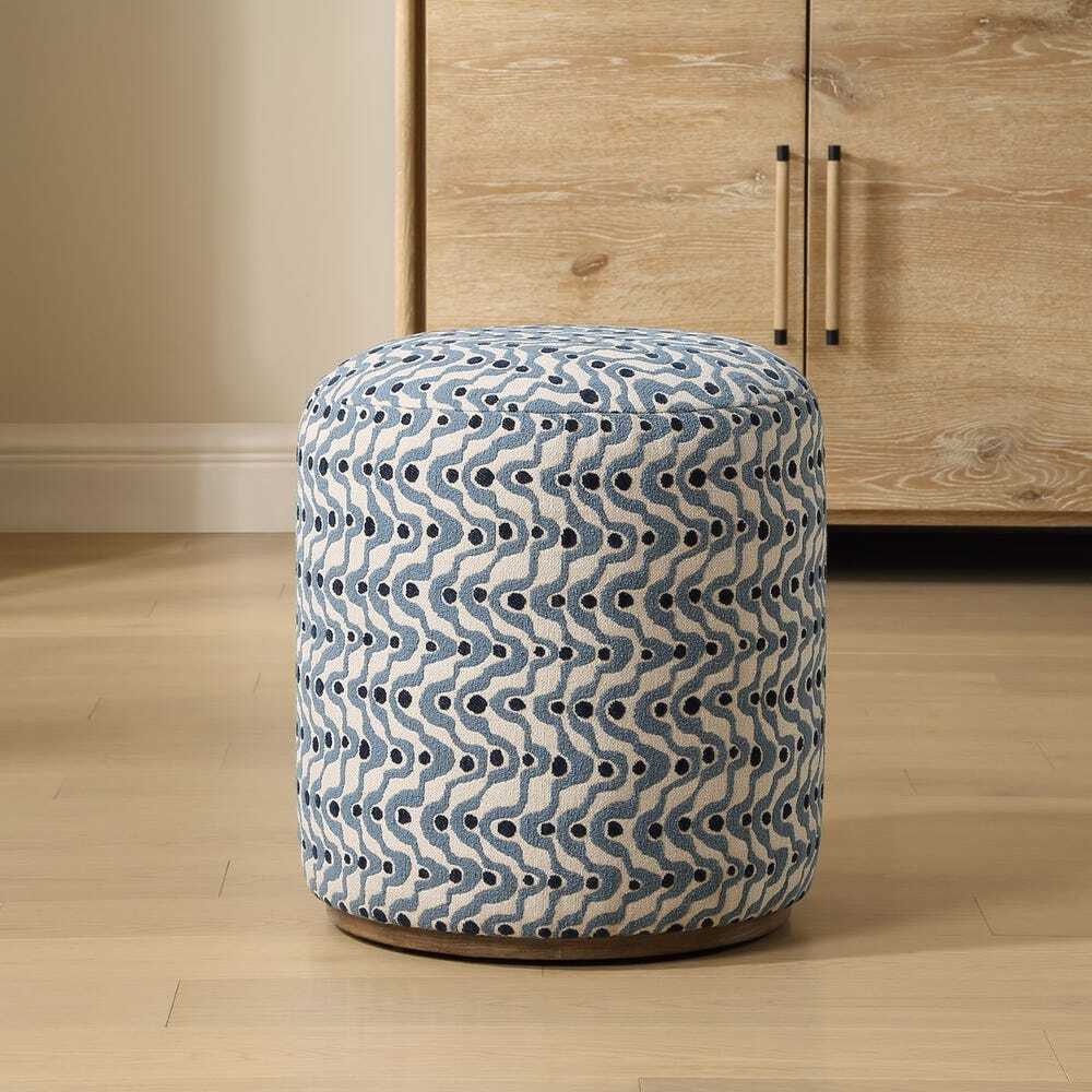 Ottoman with a pattern of organic steel blue swirls and dots of navy