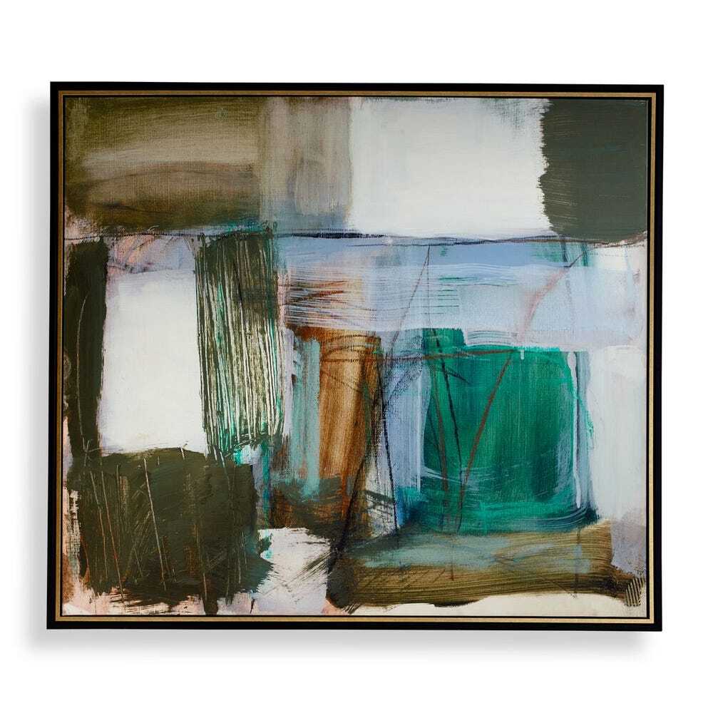 Framed Canvas, abstract art painting layered green, teal, brown, and cream brushstrokes