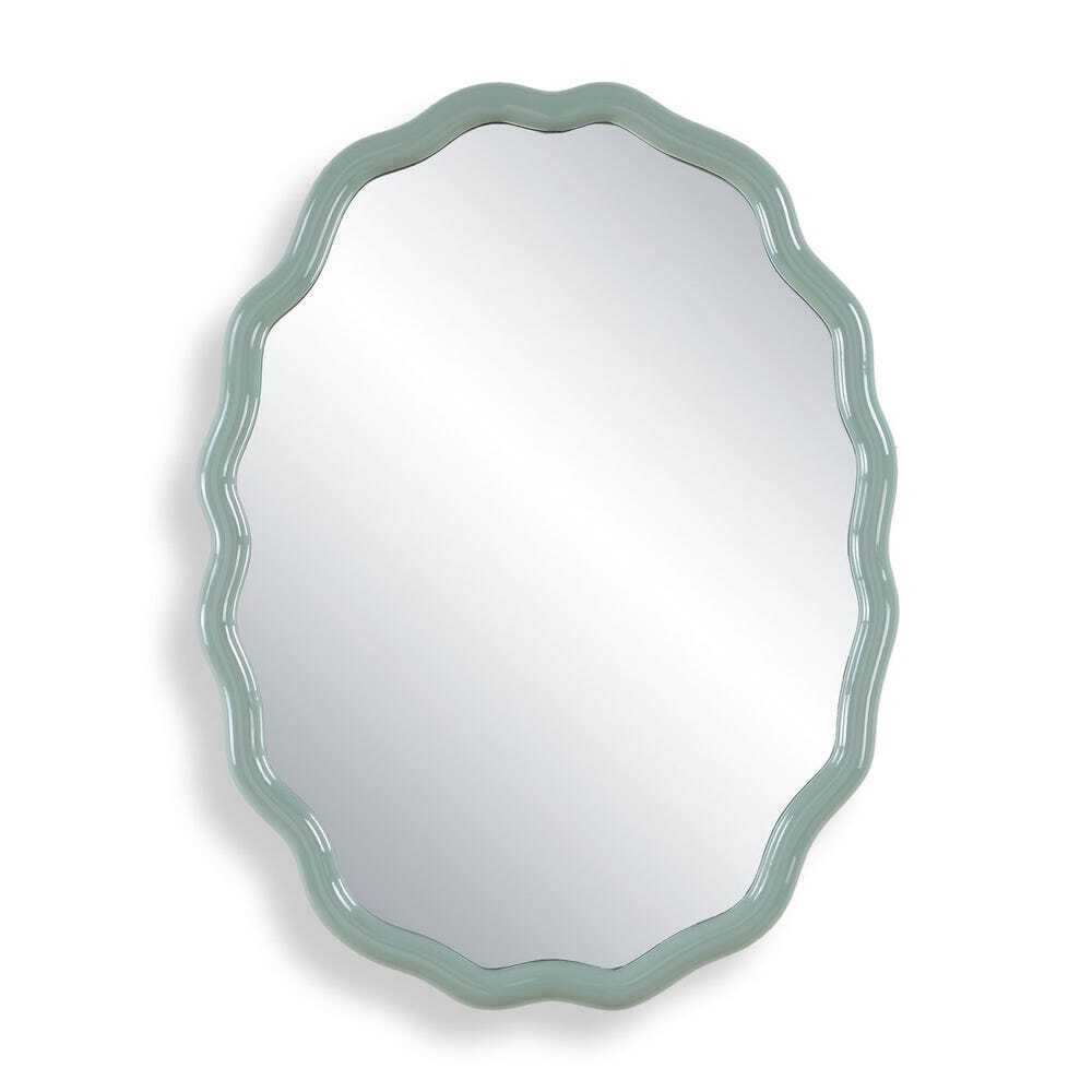 Oval mirror with scalloped edges and mint green frame