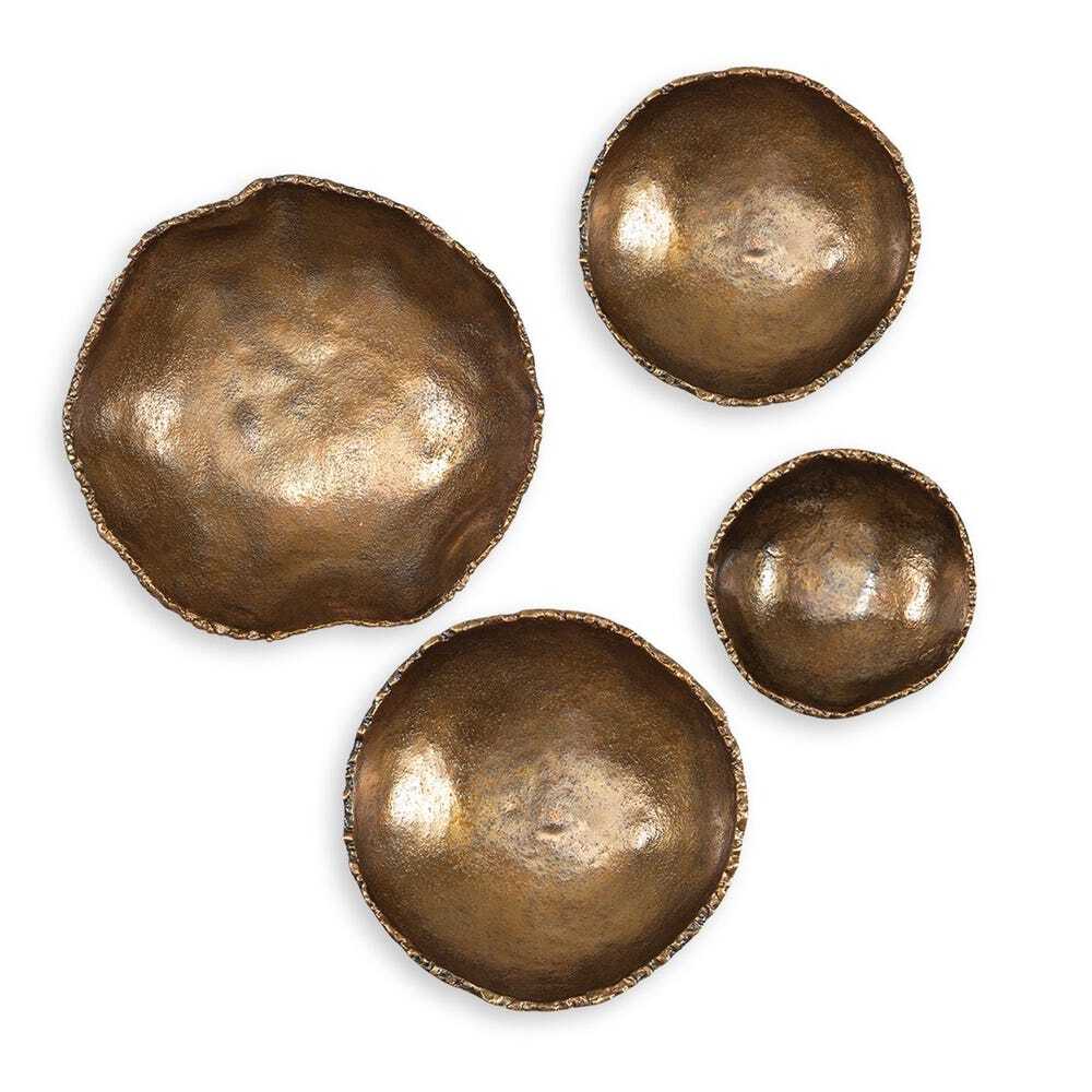 Set of 4 round brass metal wall bowls with textured edges