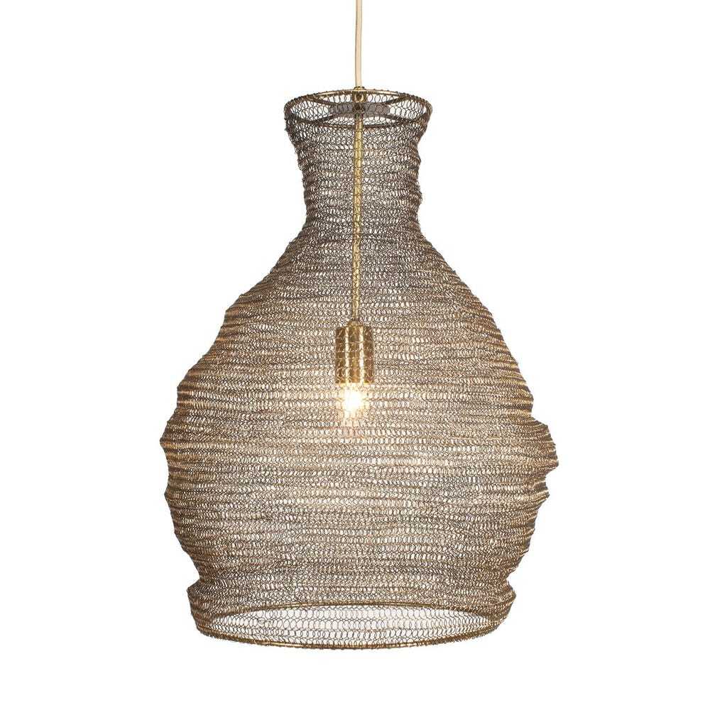 Woven metal pendant light with a sculptural, open-weave shade and exposed bulb