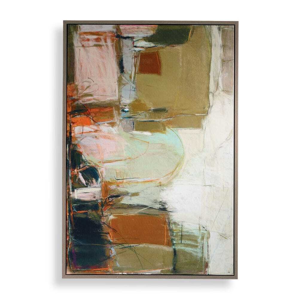 Framed Canvas of abstract painting, with green, pink, orange, and cream colors