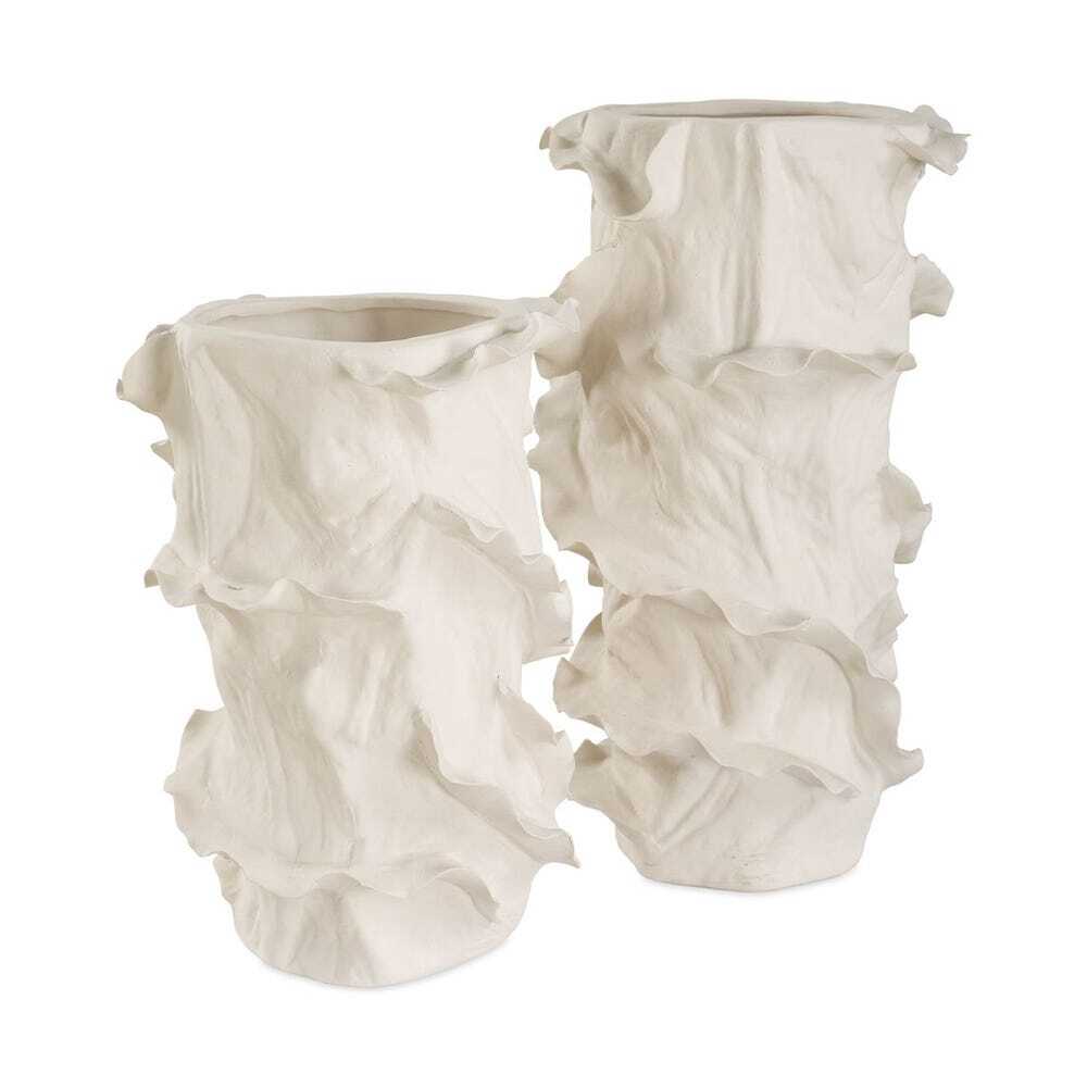 pair of ceramic white vases with rippled edges