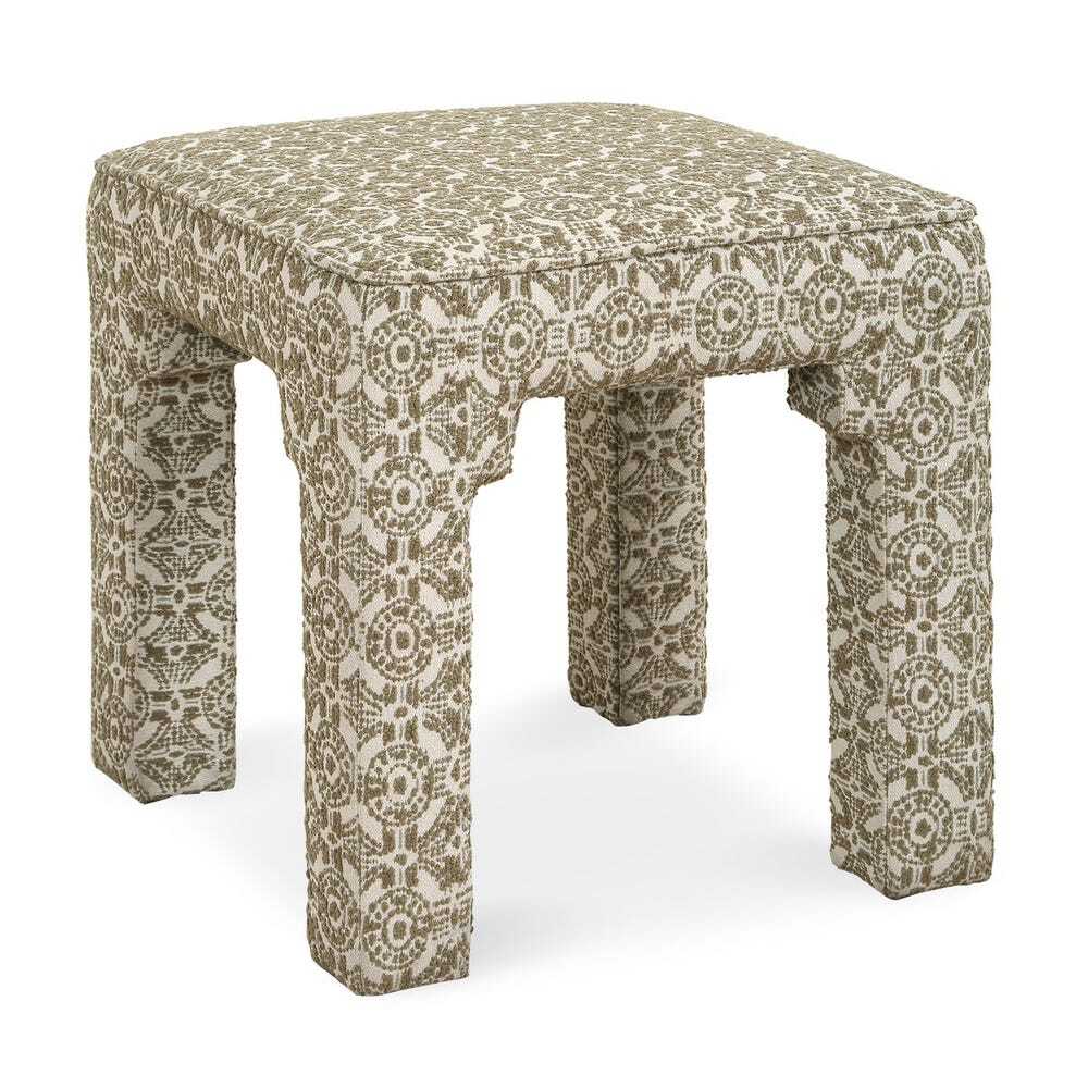Small upholstered bench with beige and olive geometric pattern and four block legs