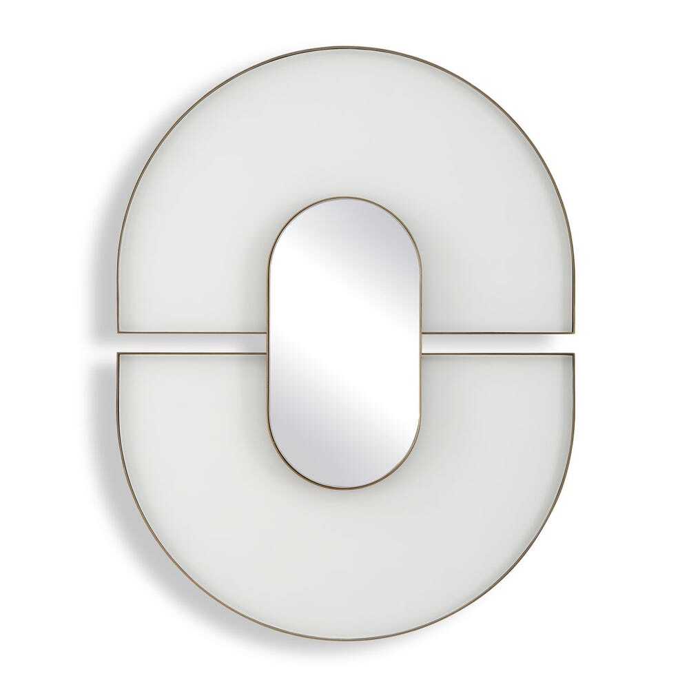 Mirror that has two semicircular sections of white glass