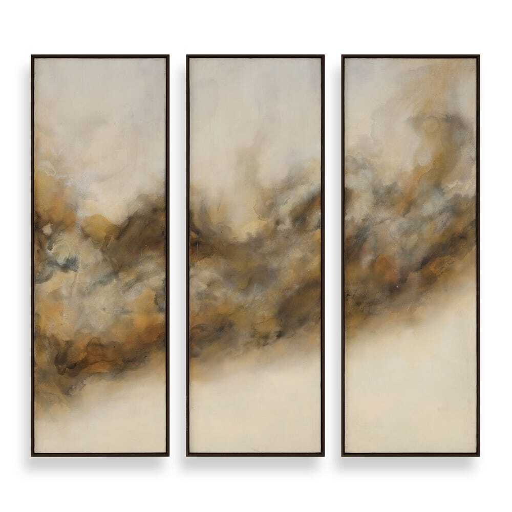 Three vertical abstract art panels in soft beige, gray, and warm brown tones