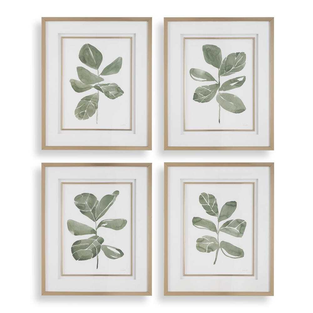 Four framed botanical prints with soft green leaves on white backgrounds