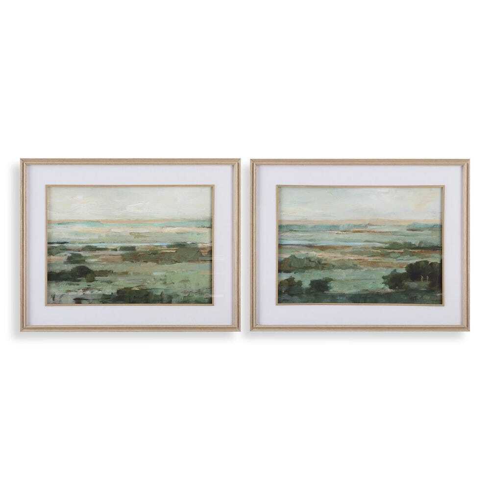 Two framed landscape paintings in soft green and blue tones