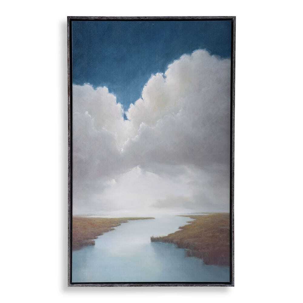 landscape painting of clouds, river and a blue sky
