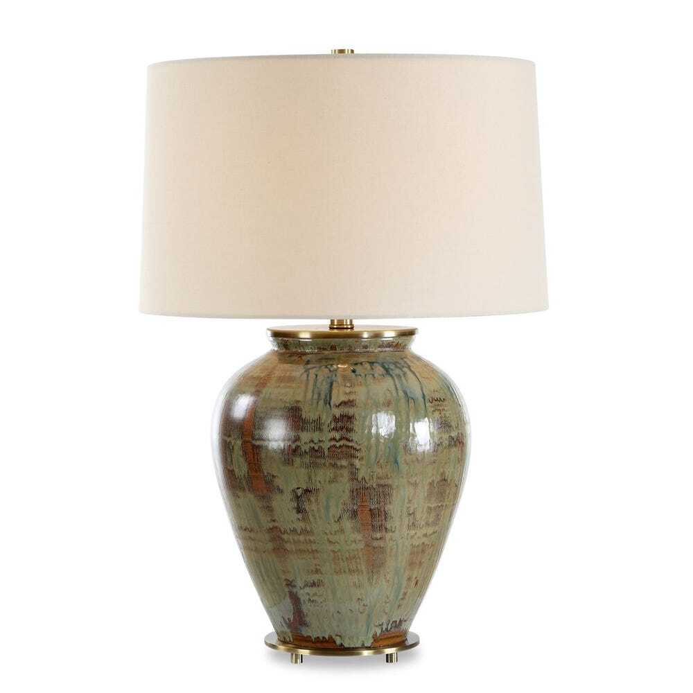Textured ceramic table lamp with white drum shade and brass base