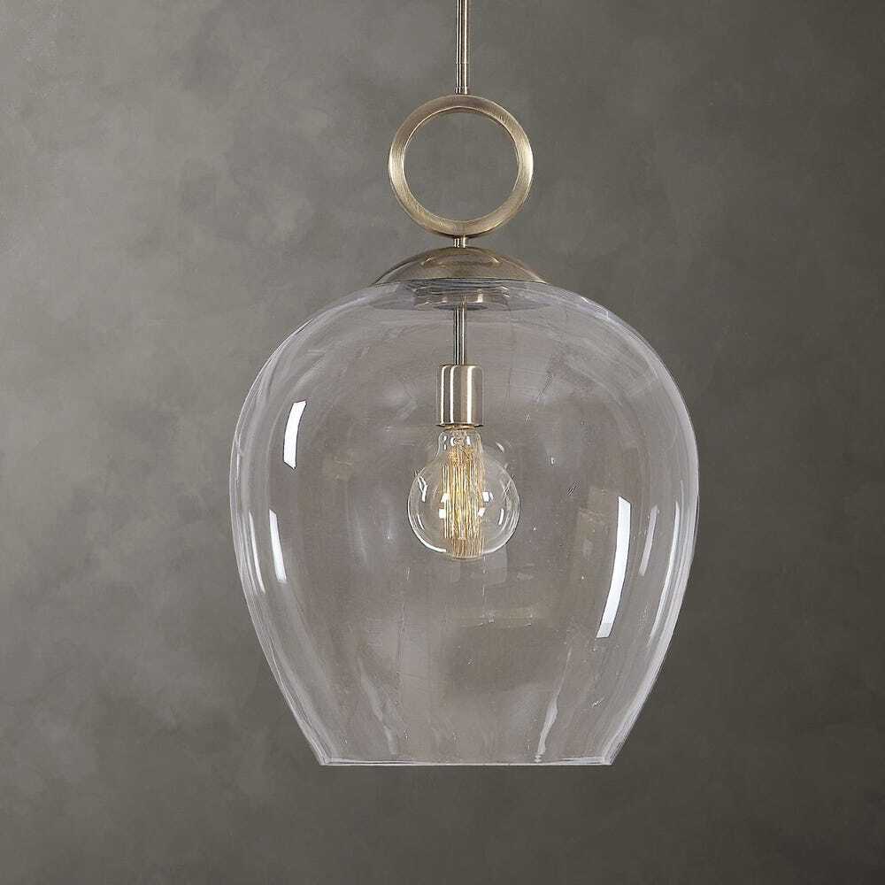 Clear glass pendant light with brass ring detail and exposed bulb
