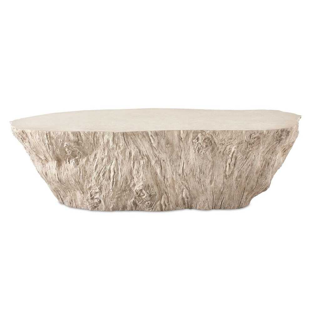 Stone-like coffee table, with thick slab top and textured sides in light beige color