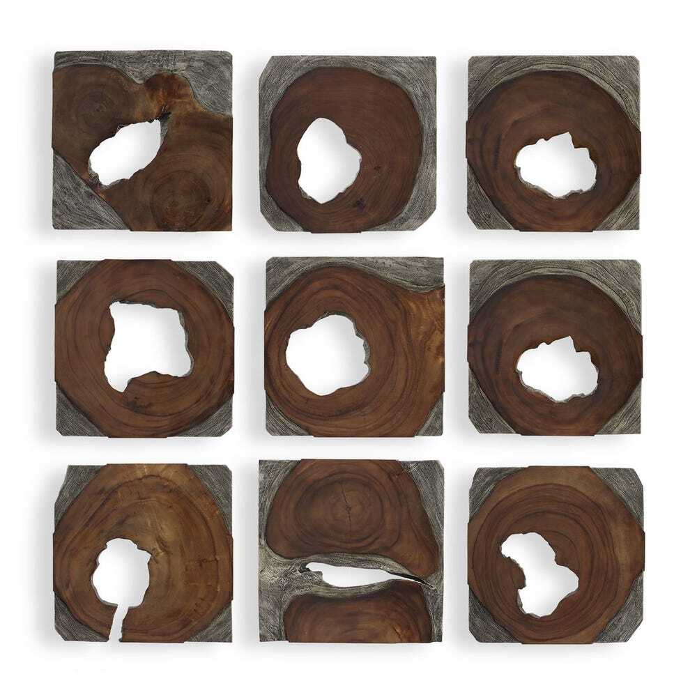 Nine square wood wall art pieces in natural wood grain