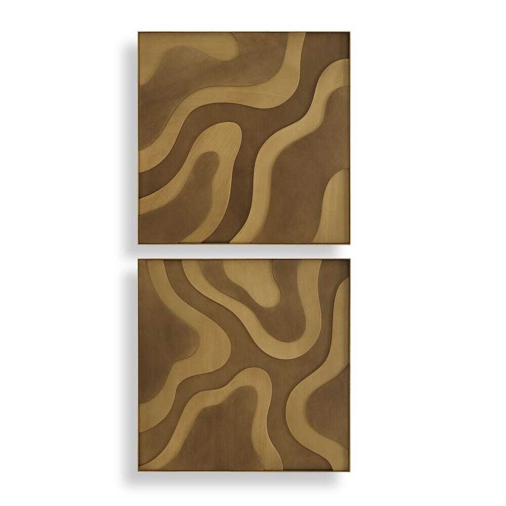 Two square wood wall panels with wavy patterns in brown tones