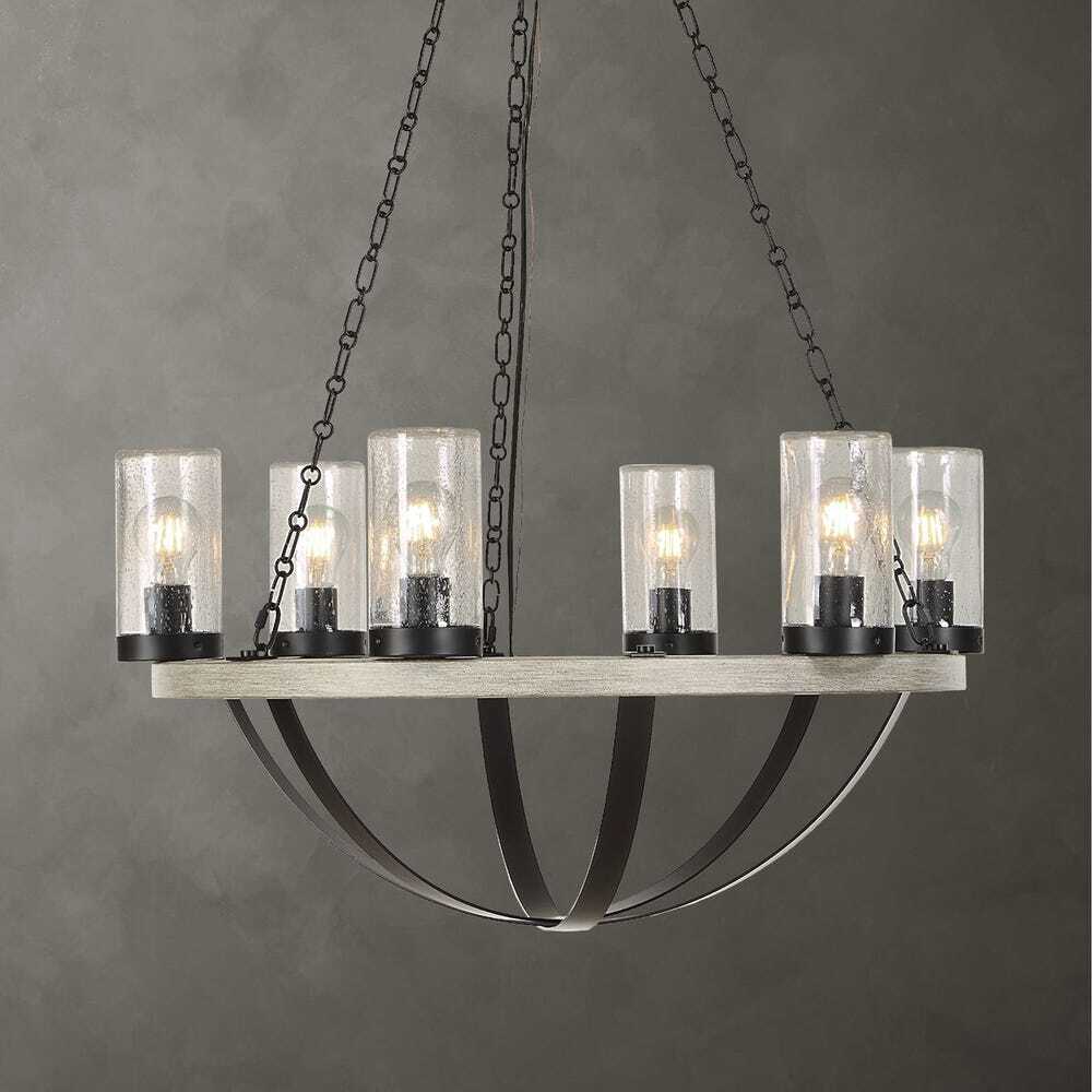 Modern chandelier with 6 glass cylinder shades and exposed bulbs
