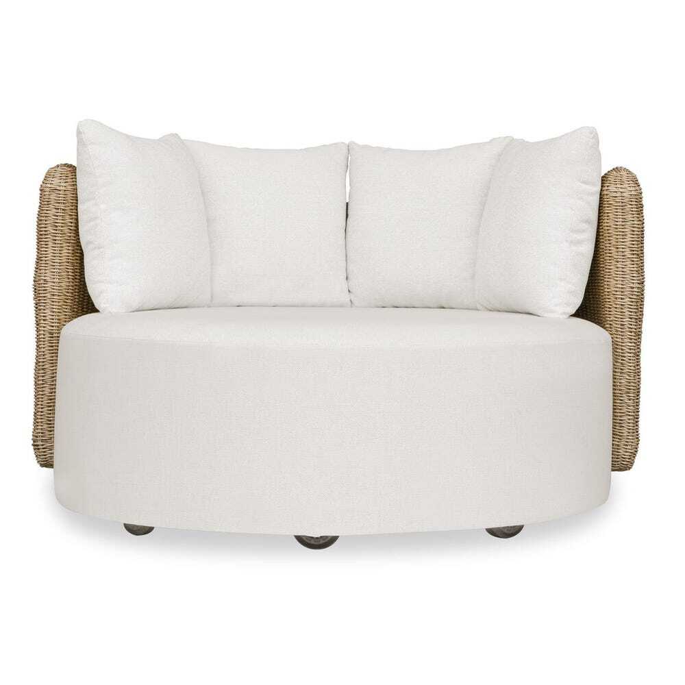 Plush white cushioned seat on tan wicker base